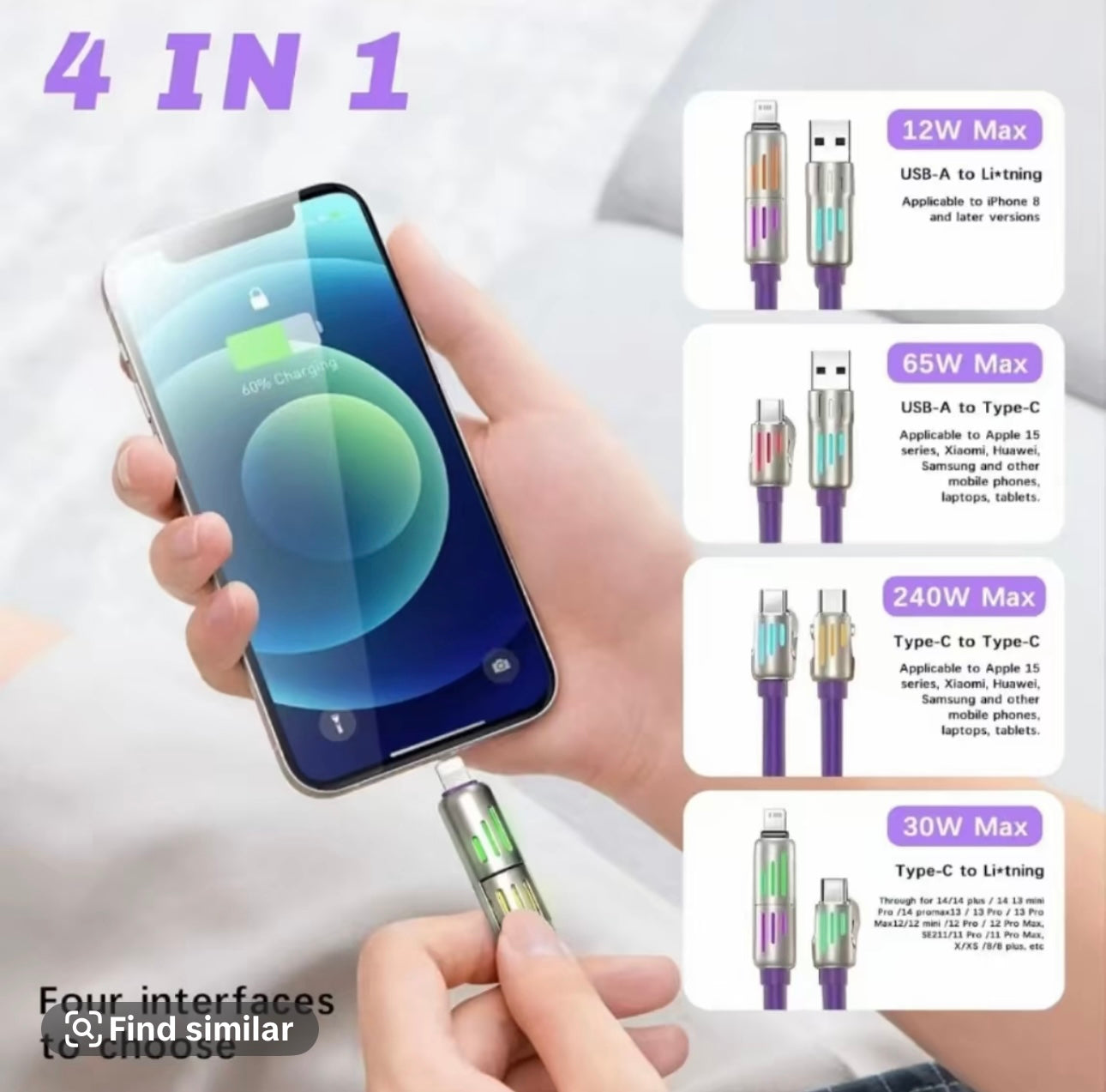 Brite Lights 4-in-1 Charging Cable | 6.6ft Multi USB Fast Charger | Type-C, Lightning, Micro | Free Shipping