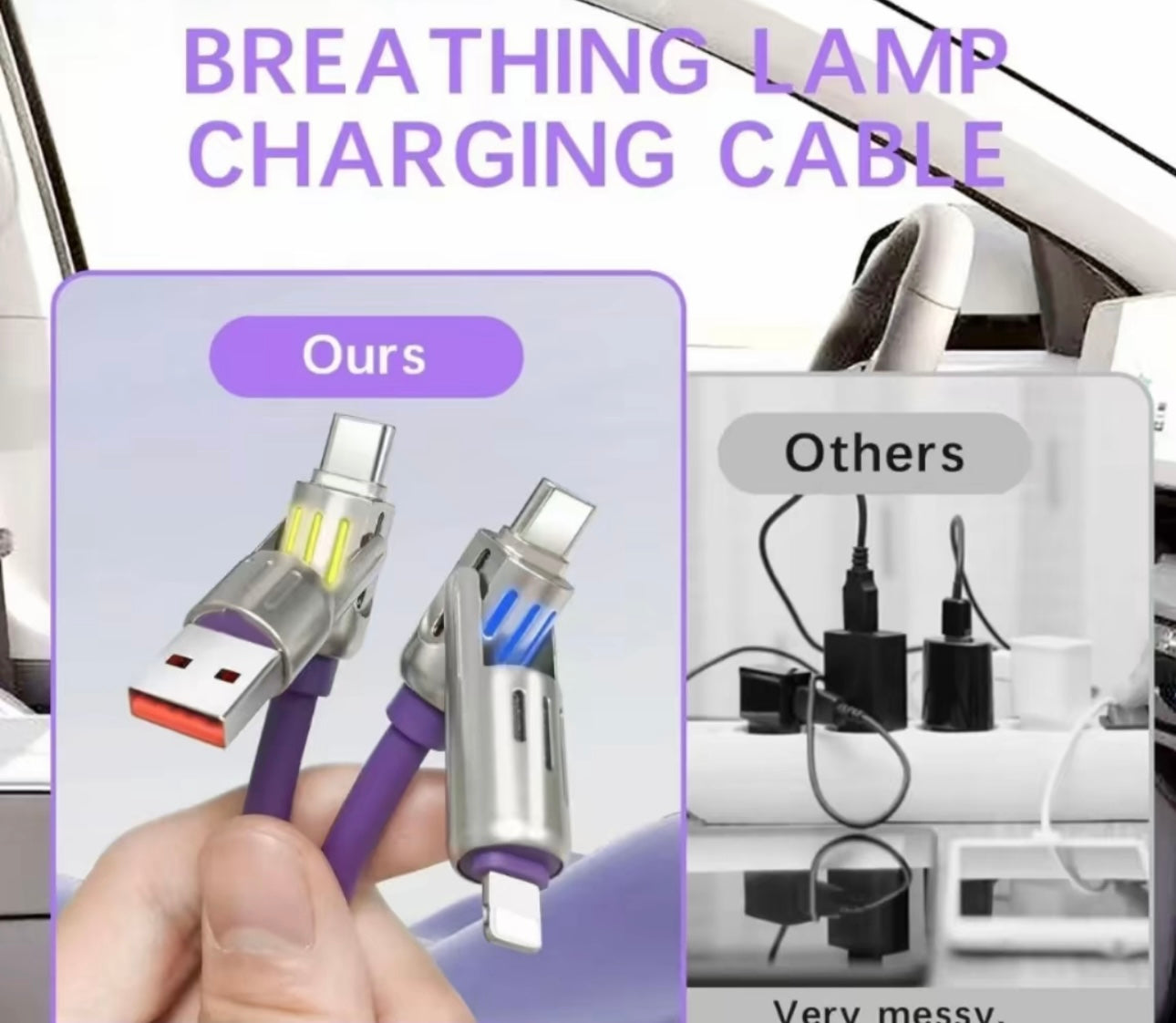Brite Lights 4-in-1 Charging Cable | 6.6ft Multi USB Fast Charger | Type-C, Lightning, Micro | Free Shipping